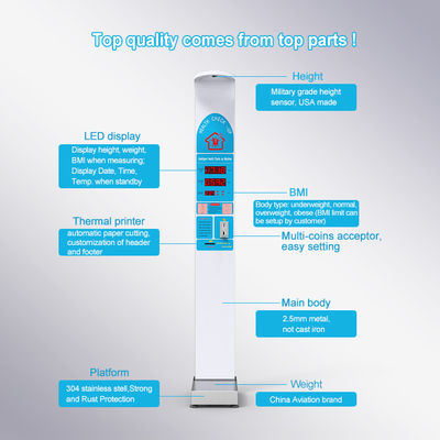 Machine de pesée BMI multilingue fonctionnant à la pièce avec imprimante et support personnalisé